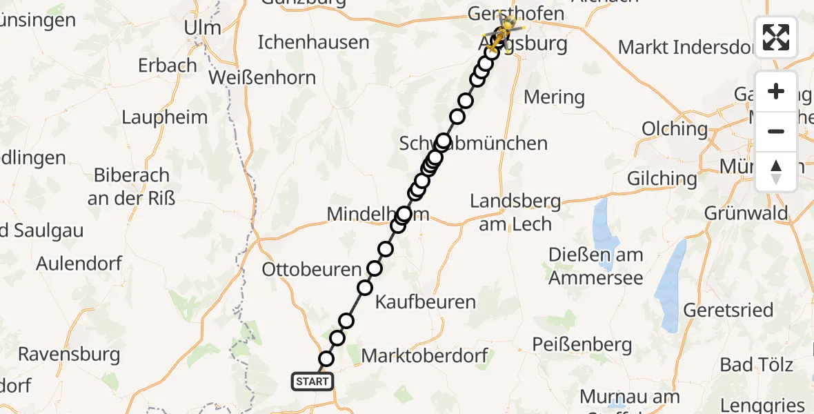 Flugroute Rettungshubschrauber Kempten (Allgäu) - Augsburg University Hospital, 27 März 2026, 16:00
