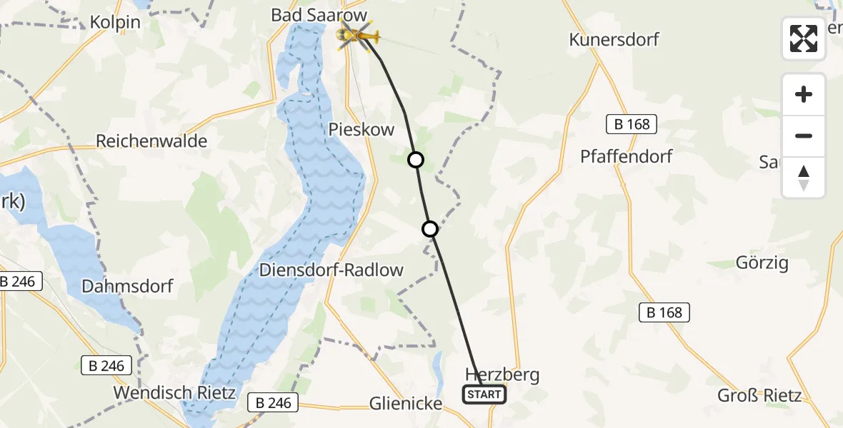 Flugroute Rettungshubschrauber Rietz-Neuendorf - Bad Saarow, 27 März 2026, 16:15