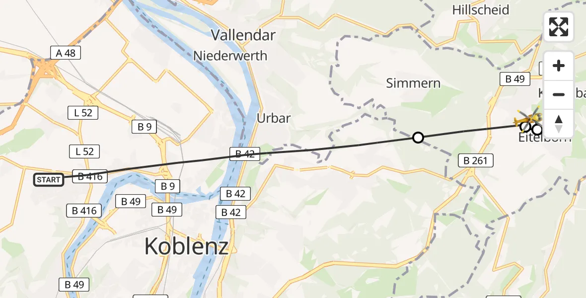 Flugroute Rettungshubschrauber Koblenz - Neuhäusel, 27 März 2026, 16:18