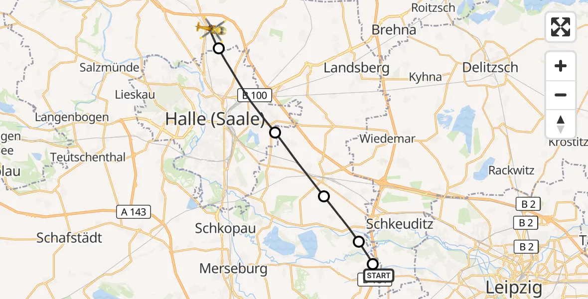 Flugroute Rettungshubschrauber ADAC Air Rescue Station Leipzig/Schkeuditz-Dölzig Hubschrauberlandeplatz (Christoph 61) - Petersberg, 27 März 2026, 16:20