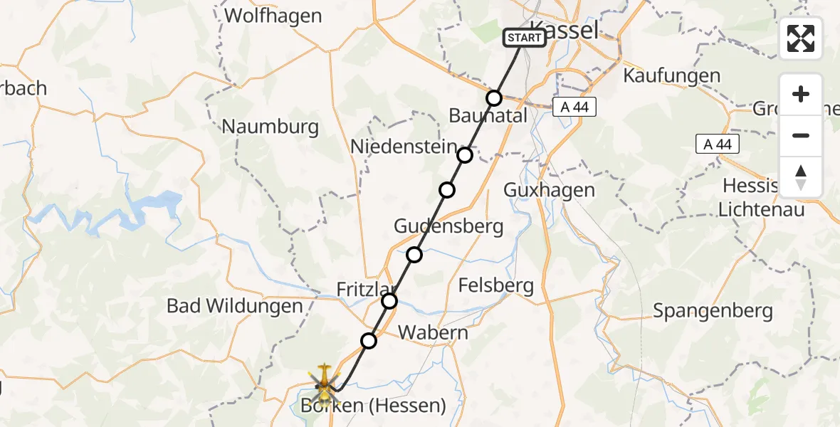 Flugroute Rettungshubschrauber Kassel - Borken (Hessen), 27 März 2026, 16:20