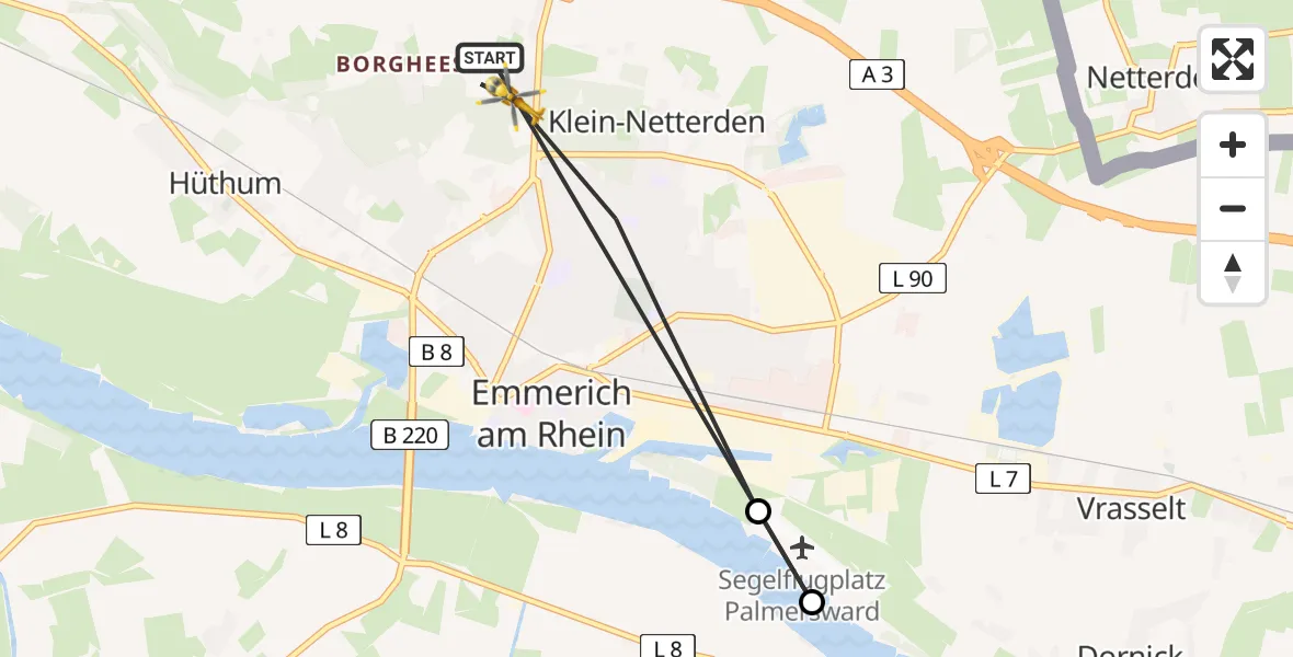 Flugroute Rettungshubschrauber Emmerich am Rhein - Emmerich am Rhein, 27 März 2026, 16:20