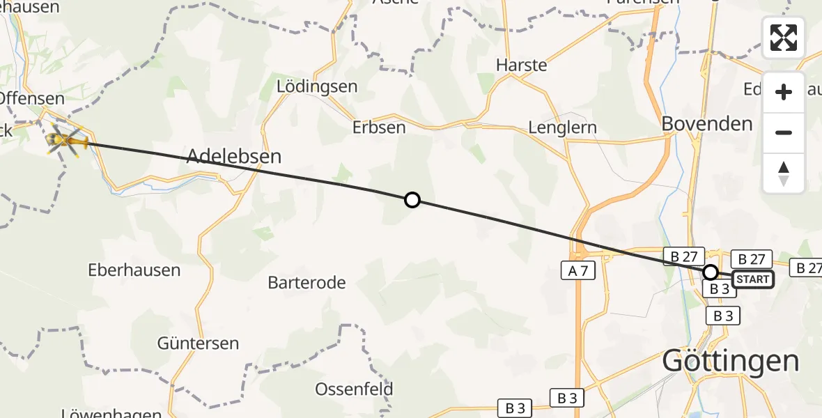 Flugroute Rettungshubschrauber Göttingen University Clinic Hubschrauberlandeplatz - Adelebsen, 27 März 2026, 16:26