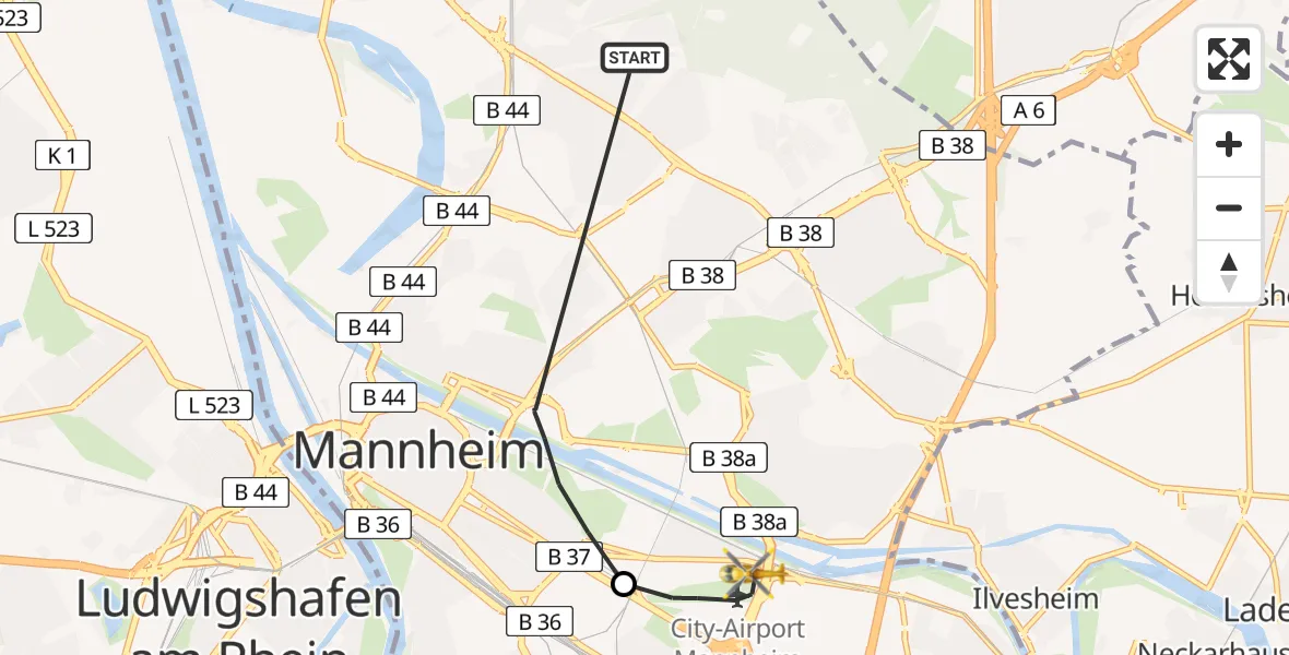 Routekaart van de vlucht: Rettungshubschrauber nach Mannheim-City Flughafen