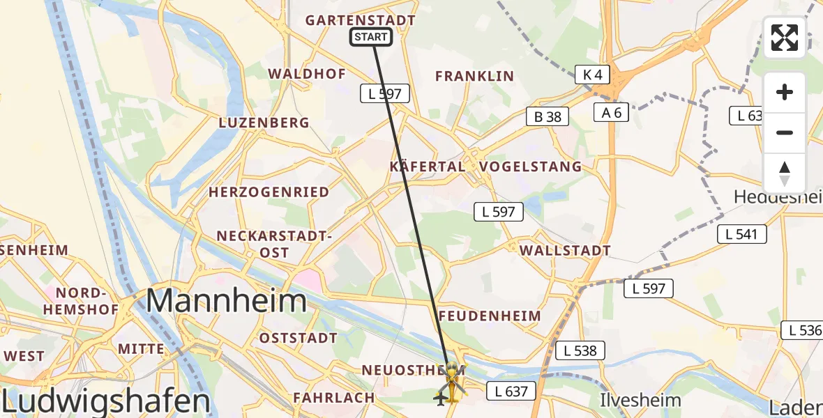 Flugroute Rettungshubschrauber Mannheim - Mannheim-City Flughafen, 27 März 2026, 16:31
