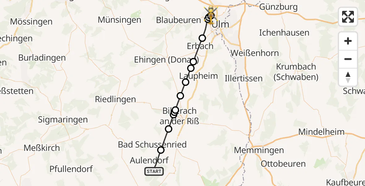 Routekaart van de vlucht: Rettungshubschrauber nach Ulm Military Hospital Emergency