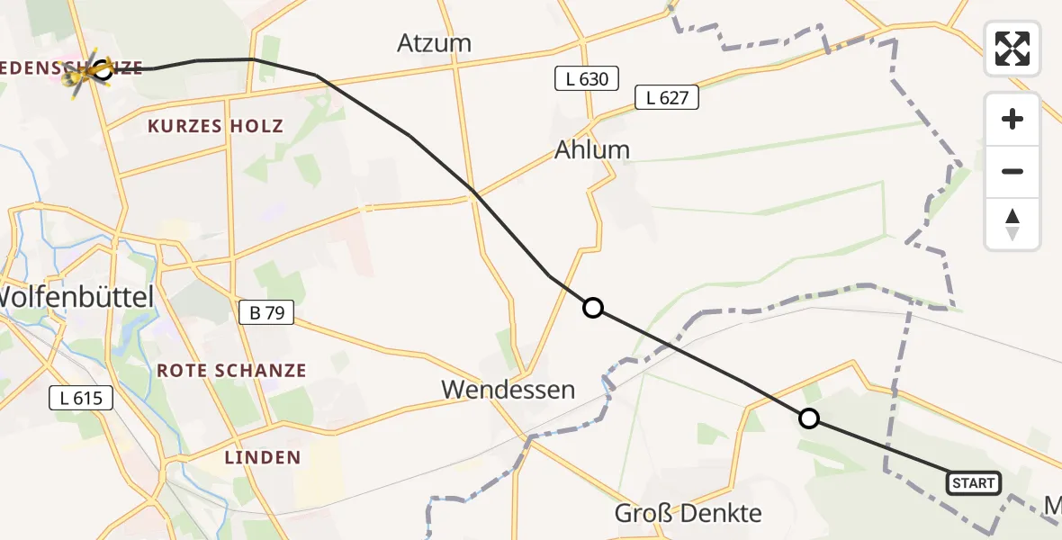 Flugroute Rettungshubschrauber Dettum - Wolfenbüttel Municipal Hospital Heliport (Christoph 30), 27 März 2026, 16:45