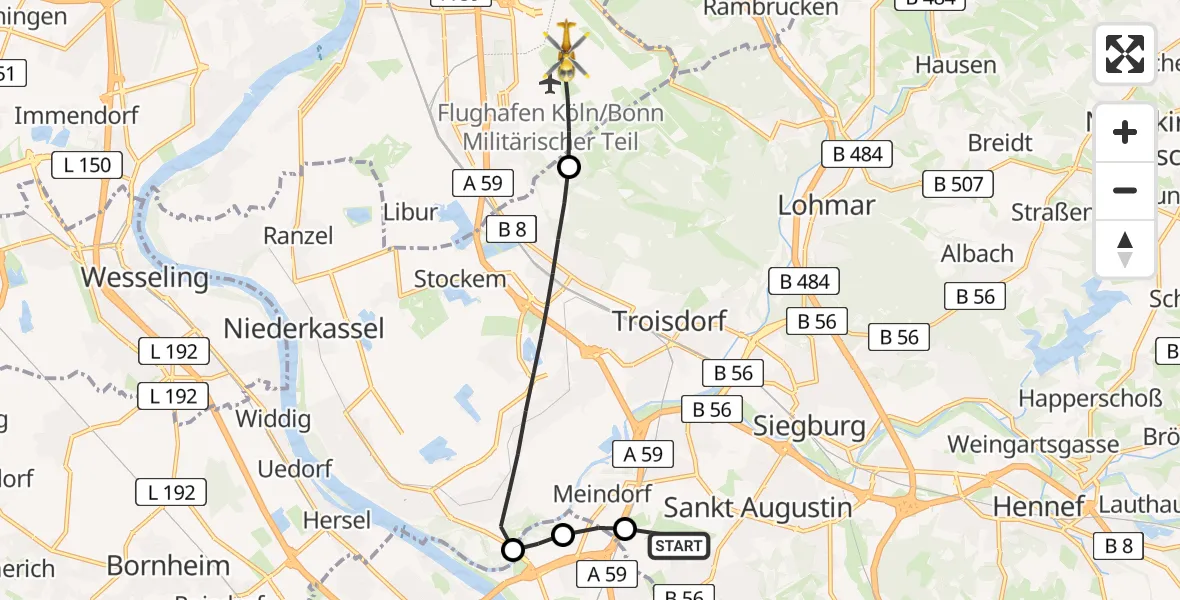Flugroute Ambulanzhubschrauber Bonn-Hangelar Flugplatz - Köln Bonn Flughafen, 27 März 2026, 16:46