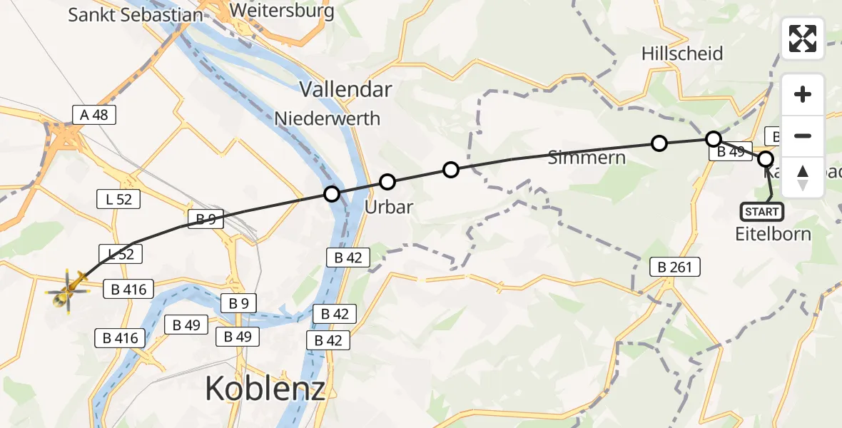 Flugroute Rettungshubschrauber Neuhäusel - Koblenz, 27 März 2026, 16:50
