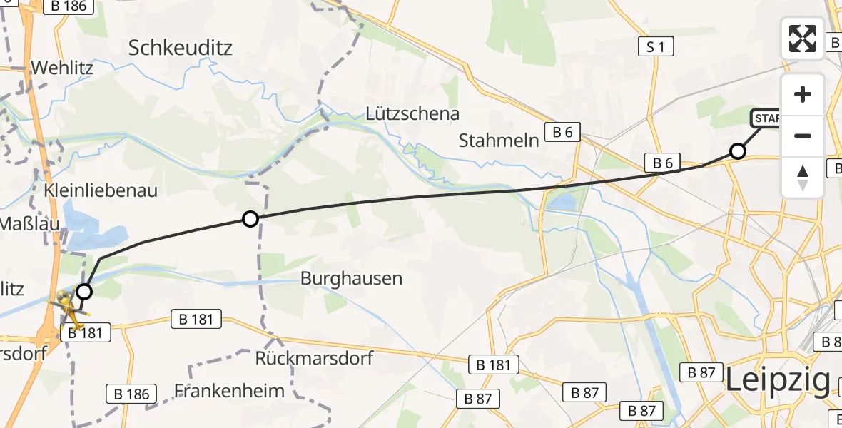 Flugroute Rettungshubschrauber Sankt Georg Hospital Leipzig Reserve - ADAC Air Rescue Station Leipzig/Schkeuditz-Dölzig Hubschrauberlandeplatz (Christoph 61), 27 März 2026, 16:52