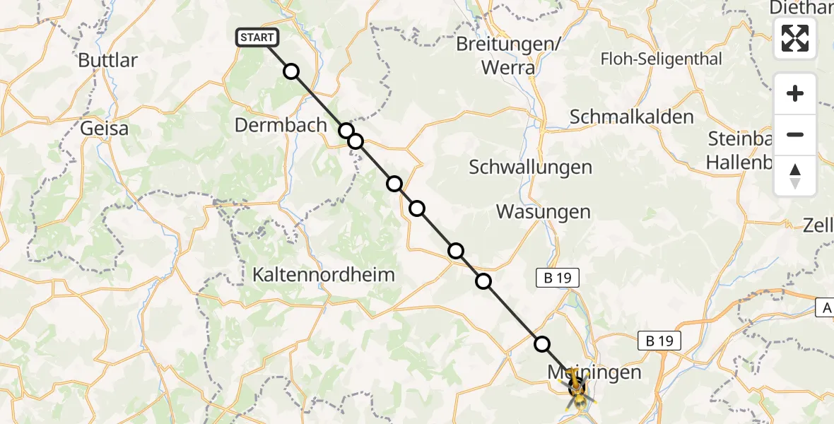 Flugroute Rettungshubschrauber Dermbach - Helios Clinic Meiningen, 27 März 2026, 16:52