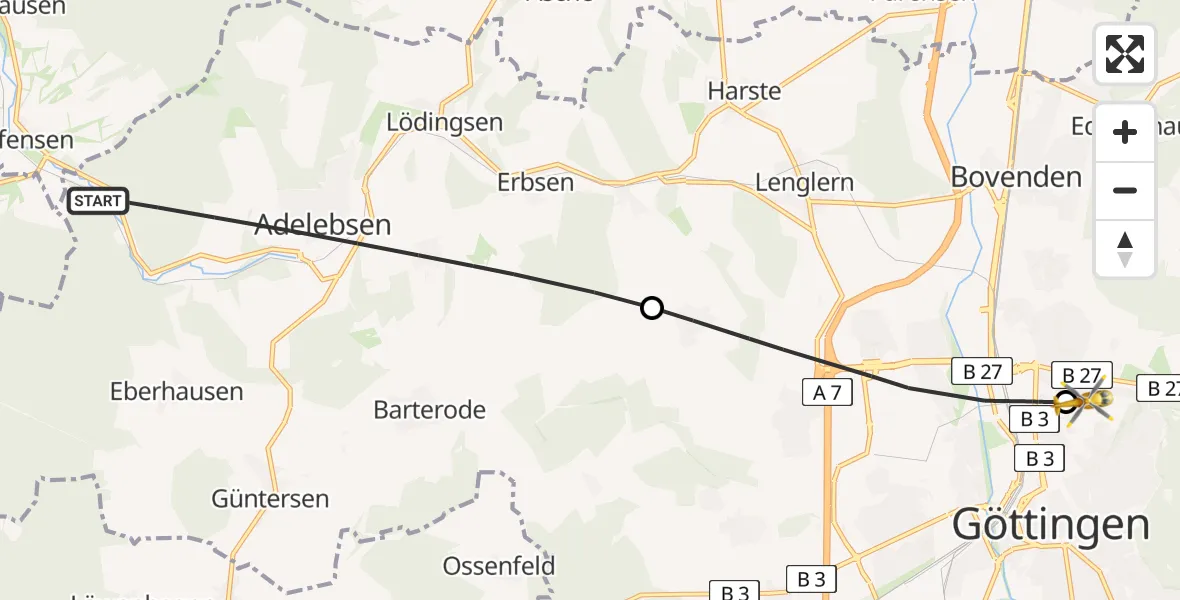 Flugroute Rettungshubschrauber Adelebsen - Göttingen University Clinic Hubschrauberlandeplatz, 27 März 2026, 16:58