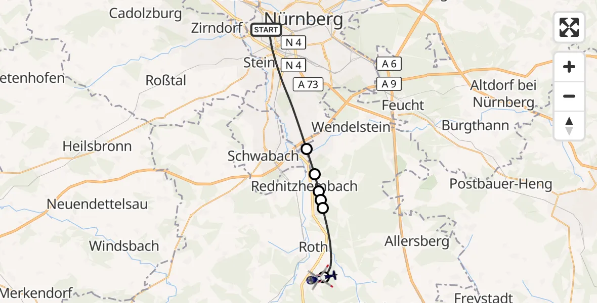 Flugroute Polizeihubschrauber Nürnberg - Flugplatz Roth, 27 März 2026, 16:59