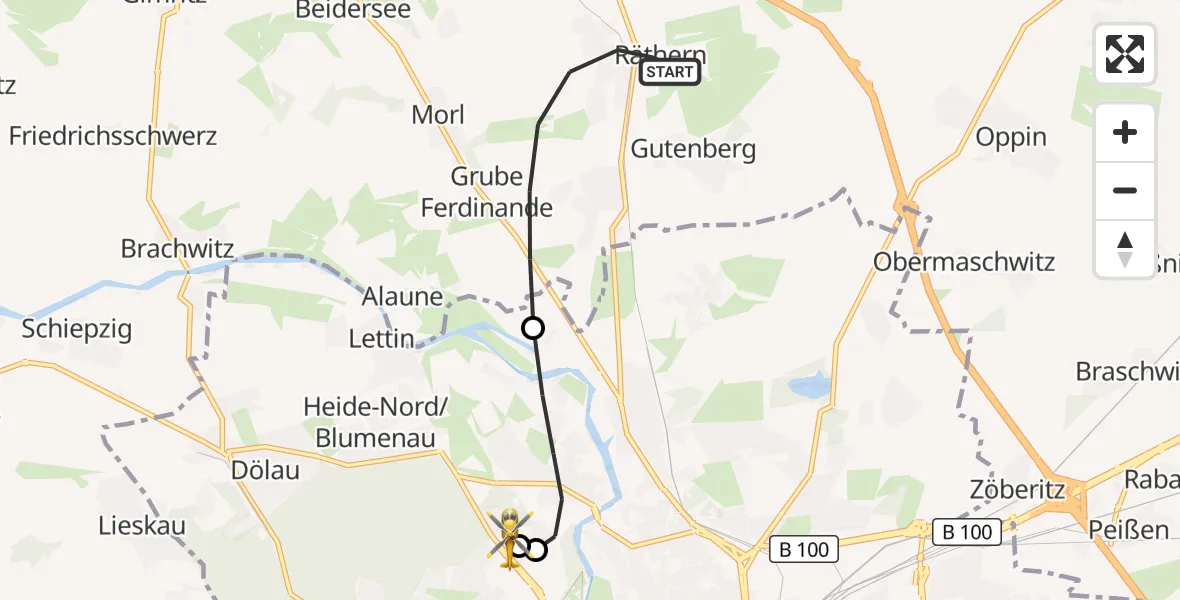 Flugroute Rettungshubschrauber Petersberg - Halle (Saale) University Hospital, 27 März 2026, 16:59