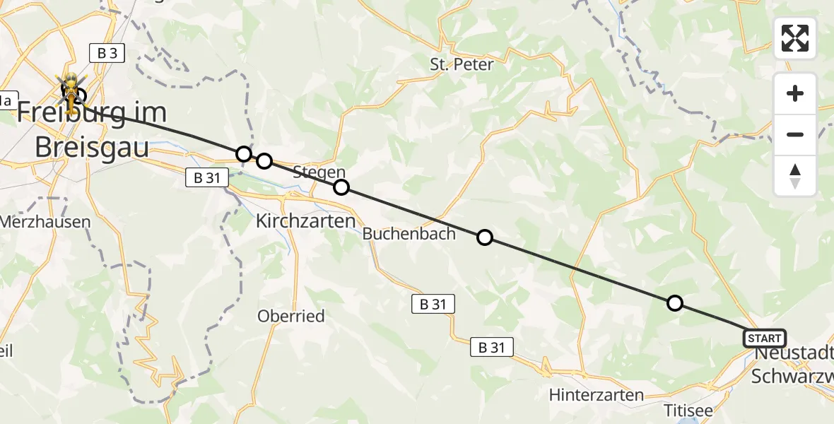 Flugroute Ambulanzhubschrauber Titisee-Neustadt - Freiburg University Hospital Heliport 1, 27 März 2026, 17:05