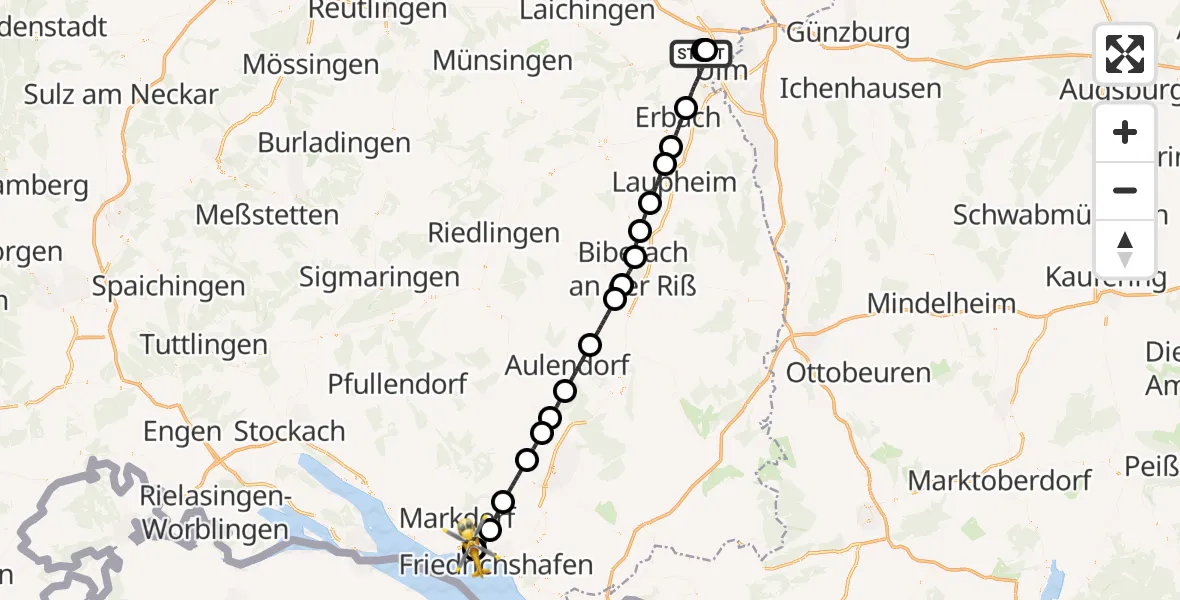 Flugroute Rettungshubschrauber Ulm Military Hospital Emergency - Friedrichshafen Hospital, 27 März 2026, 17:05