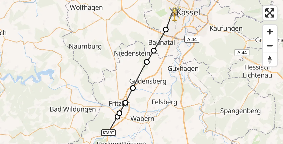 Routekaart van de vlucht: Rettungshubschrauber nach Kassel, Hansteinstraße