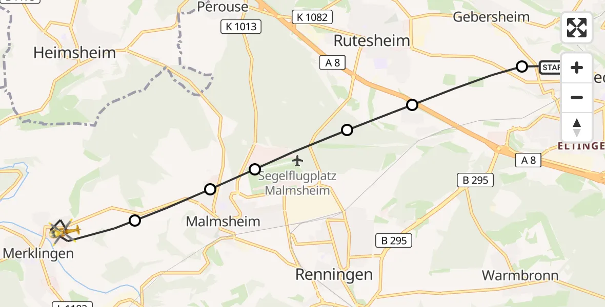 Flugroute Rettungshubschrauber Leonberg Hospital - Weil der Stadt, 27 März 2026, 17:20
