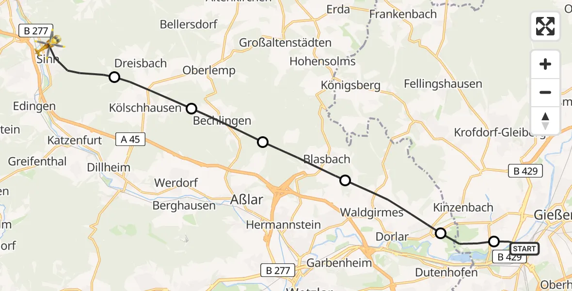 Flugroute Rettungshubschrauber Gießen - Sinn, 27 März 2026, 17:23