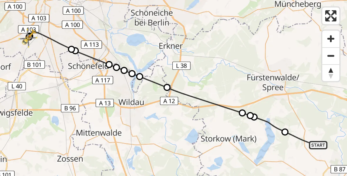 Flugroute Rettungshubschrauber Rietz-Neuendorf - Charité Clinic Benjamin Franklin Campus, 27 März 2026, 17:38
