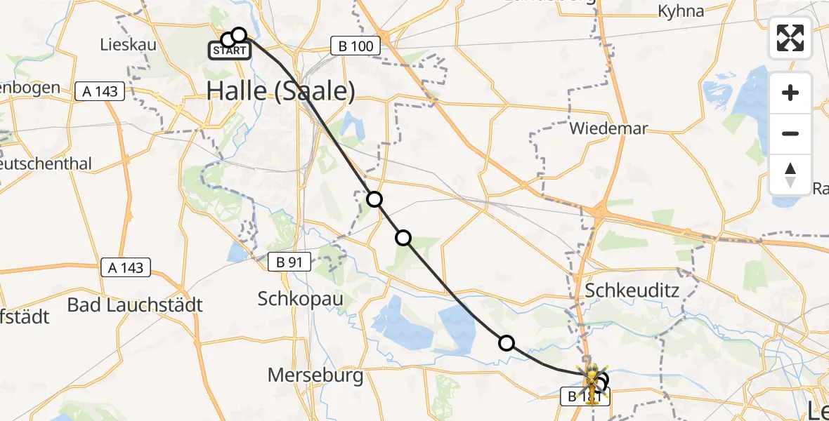 Routekaart van de vlucht: Rettungshubschrauber nach ADAC Air Rescue Station Leipzig/Schkeuditz-Dölzig Hubschrauberlandeplatz (Christoph 61)