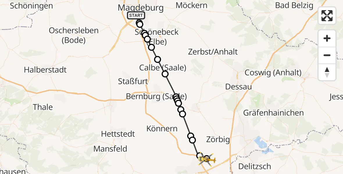 Flugroute Rettungshubschrauber Magdeburg - Halle-Oppin Flugplatz, 27 März 2026, 17:44