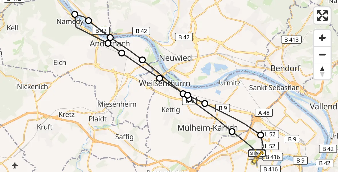 Flugroute Rettungshubschrauber Koblenz - Koblenz, 27 März 2026, 17:45