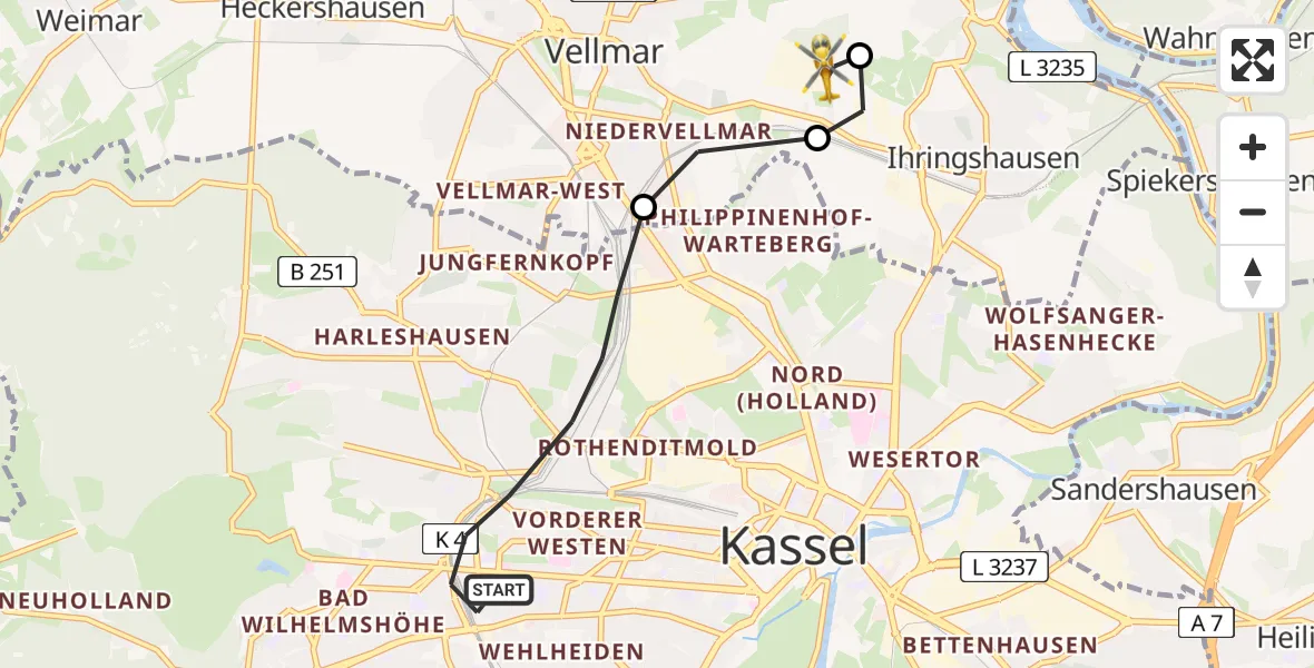 Flugroute Rettungshubschrauber Kassel - Fuldatal Bundespolizei Hubschrauberlandeplatz, 27 März 2026, 17:48