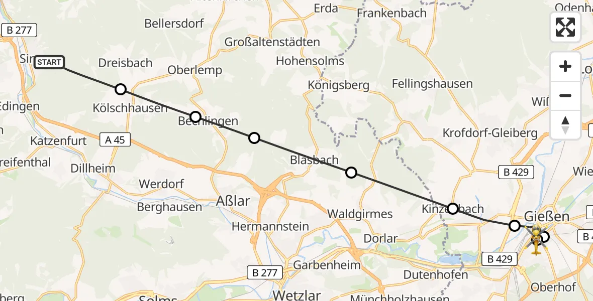 Routekaart van de vlucht: Rettungshubschrauber nach Gießen University Hospital