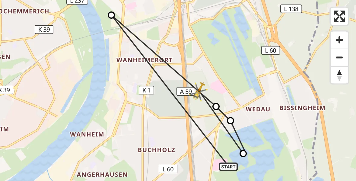 Flugroute Rettungshubschrauber Duisburg Air Rescue Hubschrauberlandeplatz (Christoph 9) - Sana Clinic Duisburg Hubschrauberlandeplatz, 27 März 2026, 18:08