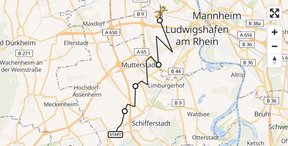 Routekaart van de vlucht: Rettungshubschrauber nach Ludwigshafen am Rhein, An der Froschlache