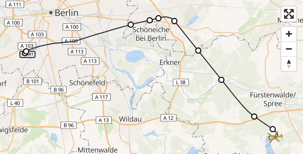 Flugroute Rettungshubschrauber Charité Clinic Benjamin Franklin Campus - Bad Saarow, 27 März 2026, 18:36