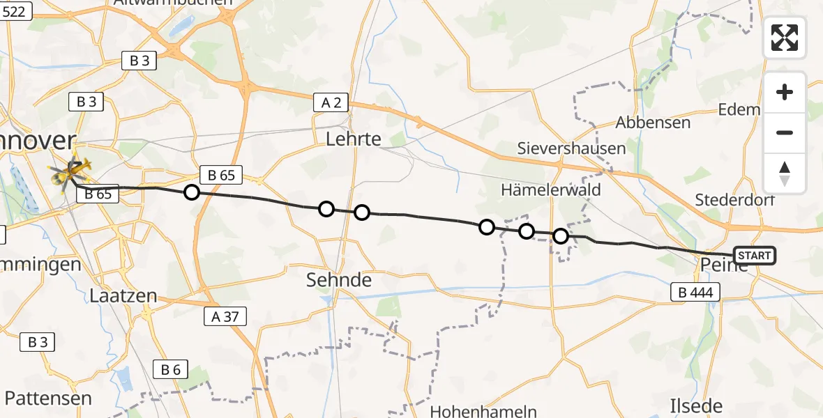 Flugroute Rettungshubschrauber Peine - Hannover, 27 März 2026, 18:39