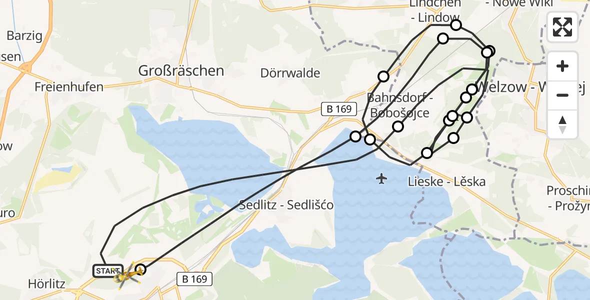 Flugroute Ambulanzhubschrauber Senftenberg - ADAC Luftrettungsstation Senftenberg Hubschrauberlandeplatz, 27 März 2026, 18:41