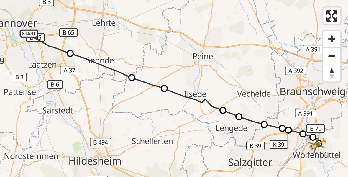 Flugroute Rettungshubschrauber Hannover - Wolfenbüttel Municipal Hospital Heliport (Christoph 30), 27 März 2026, 19:13