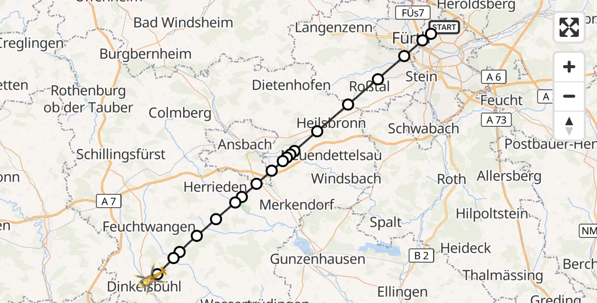 Flugroute Ambulanzhubschrauber Flughafen Nuremberg - Dinkelsbühl, 27 März 2026, 20:29