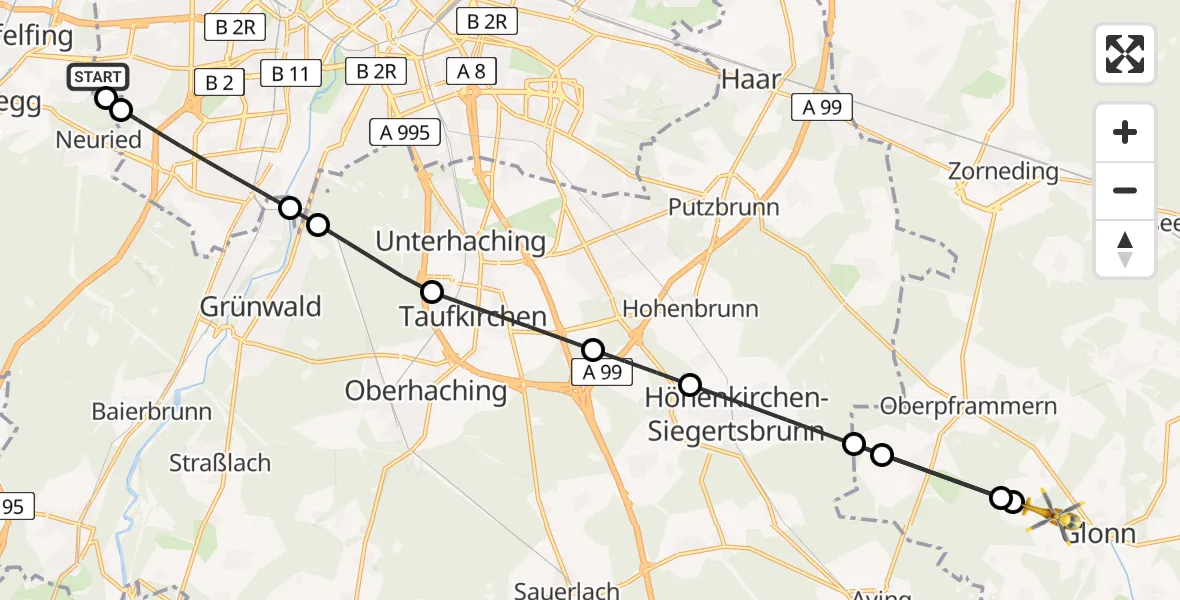 Flugroute Rettungshubschrauber DRF Air Rescue München Hubschrauberlandeplatz - Glonn, 27 März 2026, 20:41