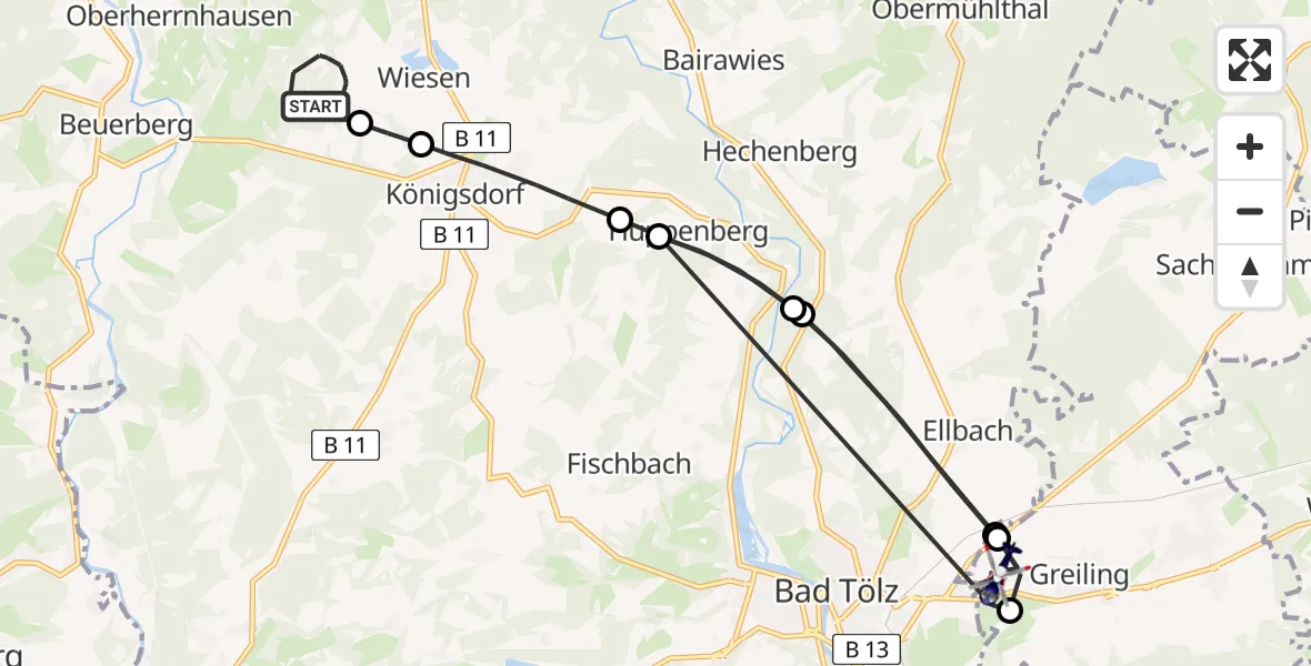 Routekaart van de vlucht: Polizeihubschrauber nach Greiling Flugplatz