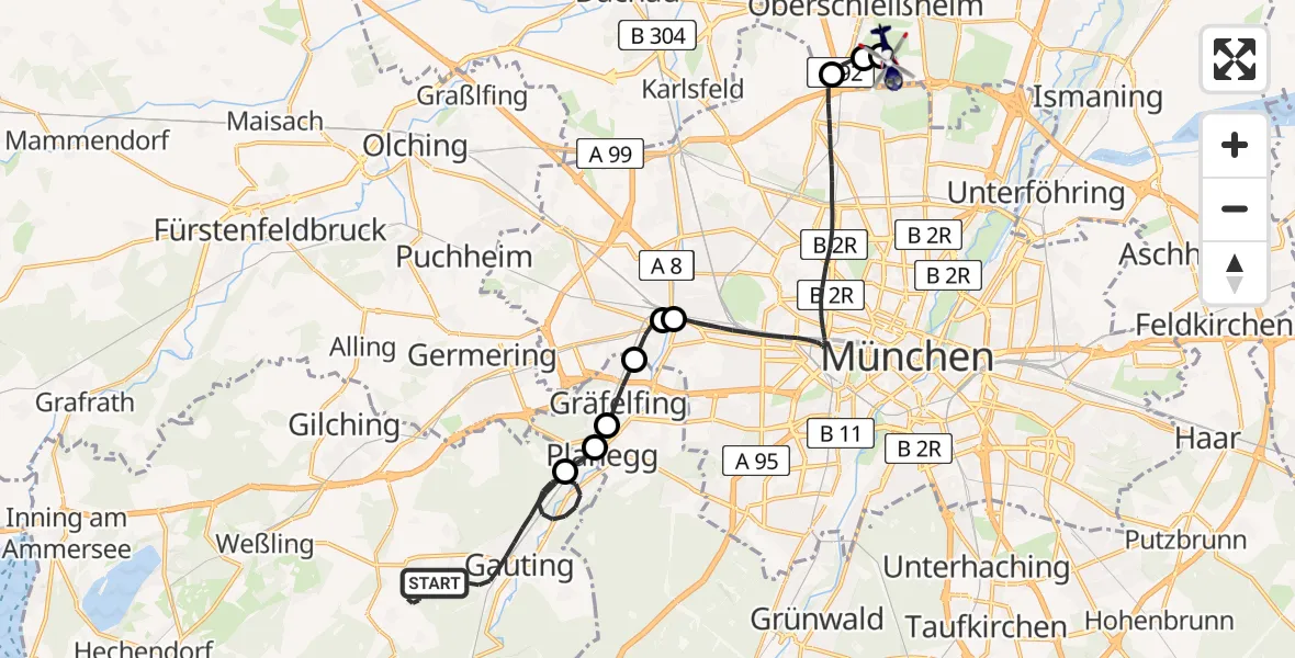 Flugroute Polizeihubschrauber Gauting - Oberschleissheim Hubschrauberlandeplatz, 27 März 2026, 20:58