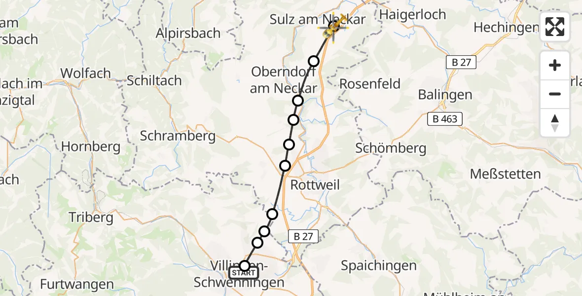 Flugroute Rettungshubschrauber DRF Air Rescue Station Villingen-Schwenningen Hubschrauberlandeplatz (Christoph 11) - Sulz am Neckar, 27 März 2026, 21:05