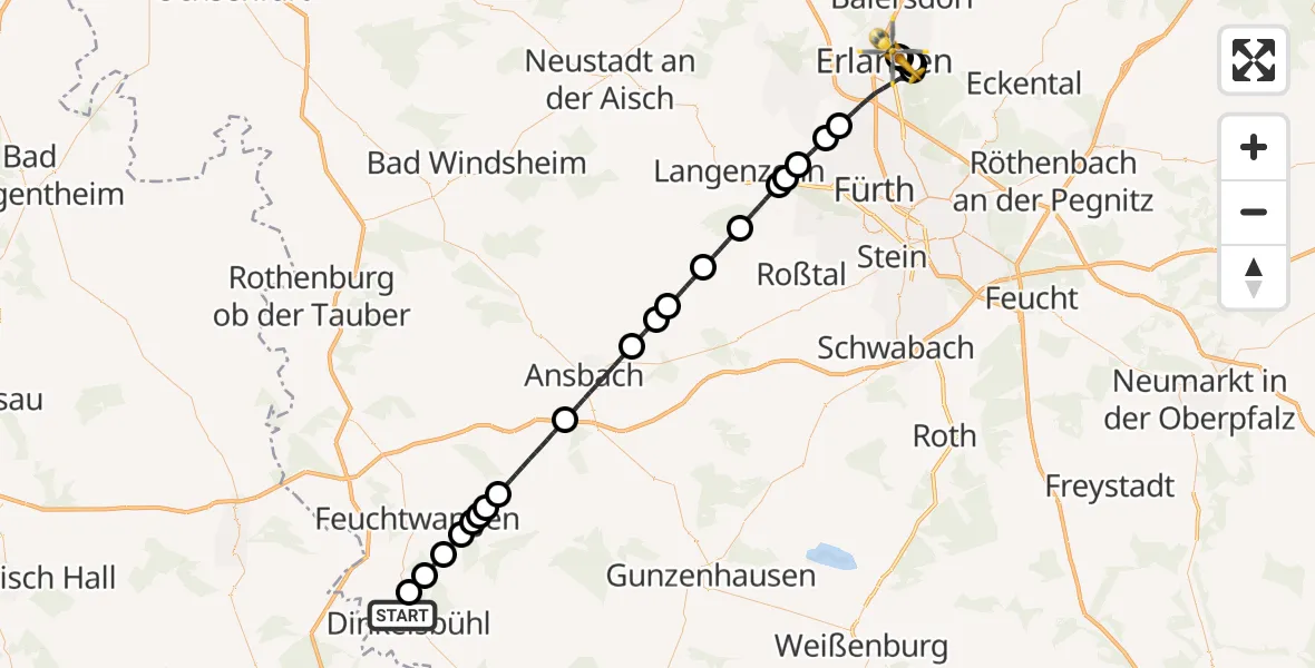 Routekaart van de vlucht: Ambulanzhubschrauber nach Erlangen University Hospital Ebrardstraße