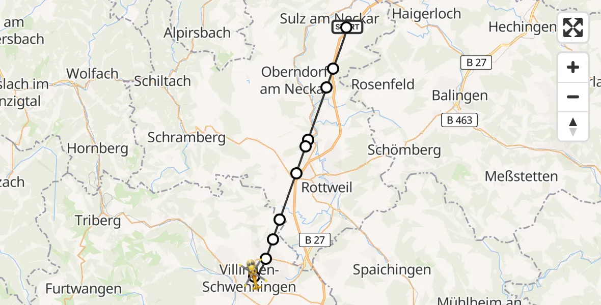 Routekaart van de vlucht: Rettungshubschrauber nach DRF Air Rescue Station Villingen-Schwenningen Hubschrauberlandeplatz (Christoph 11)