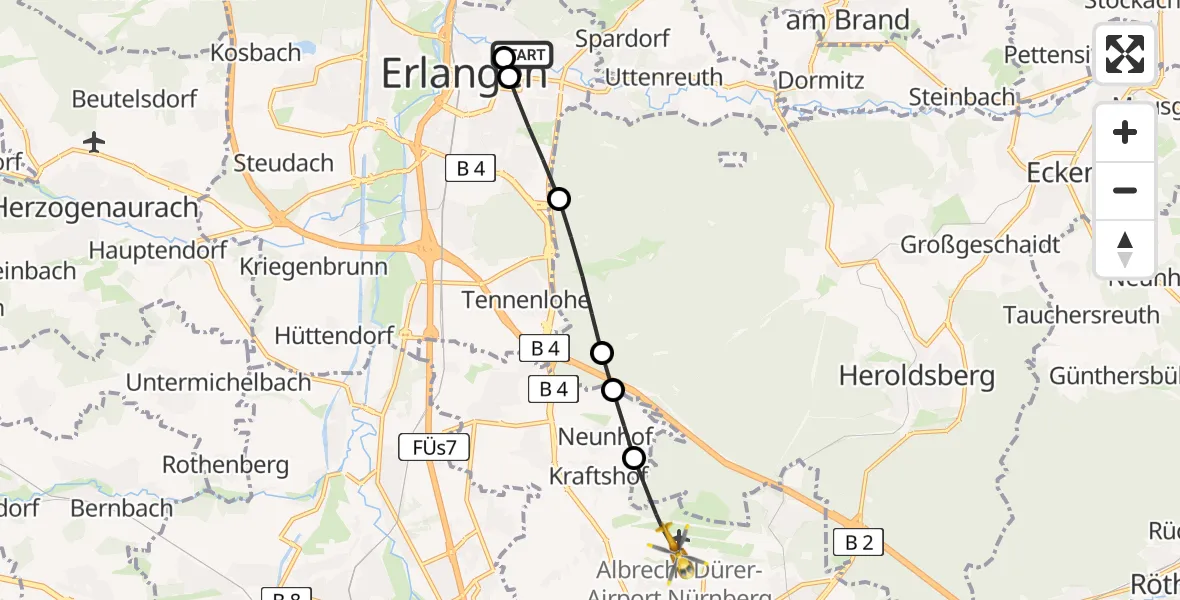 Routekaart van de vlucht: Ambulanzhubschrauber nach Flughafen Nuremberg