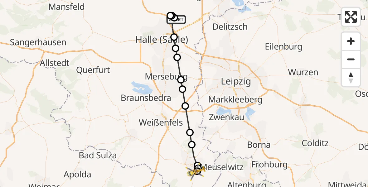 Flugroute Rettungshubschrauber Halle-Oppin Flugplatz - Zeitz Hospital, 27 März 2026, 22:44