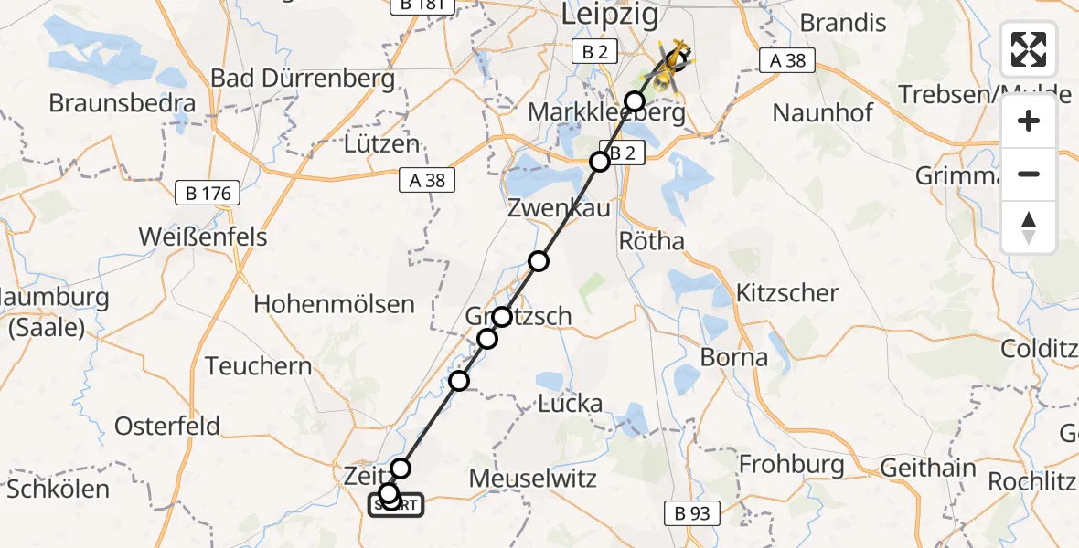 Routekaart van de vlucht: Rettungshubschrauber nach Leipzig Heart Center Rooftop Hubschrauberlandeplatz