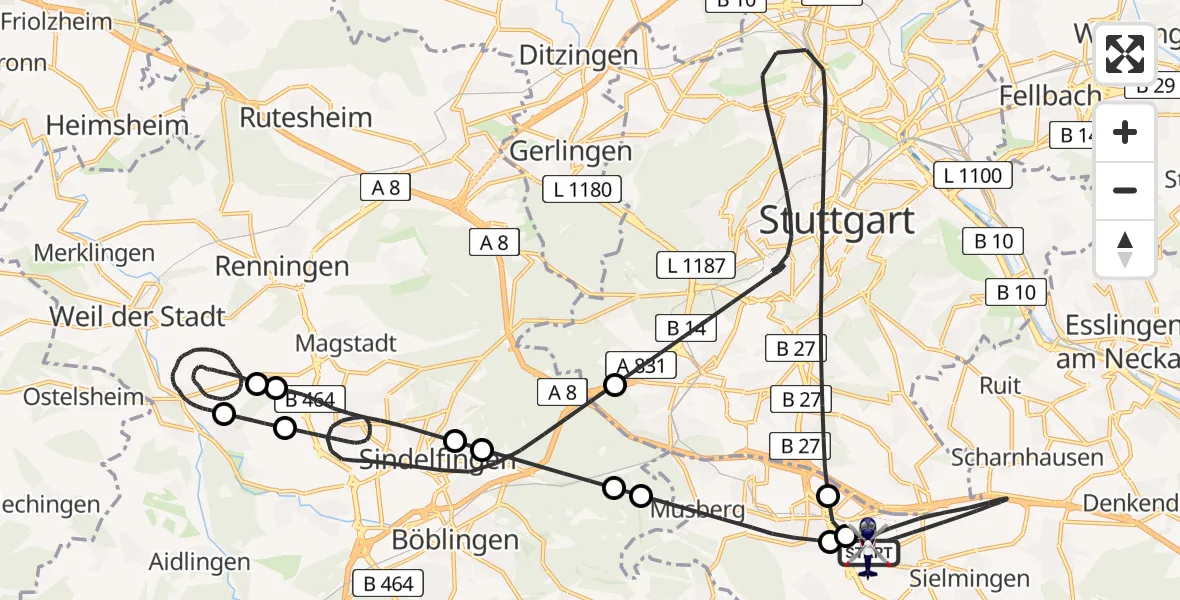 Flugroute Polizeihubschrauber Flughafen Stuttgart - Flughafen Stuttgart, 27 März 2026, 23:54