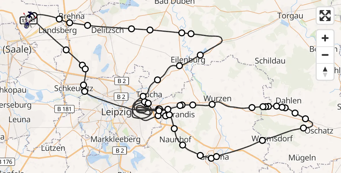 Flugroute Polizeihubschrauber Halle-Oppin Flugplatz - Halle-Oppin Flugplatz, 27 März 2026, 23:57