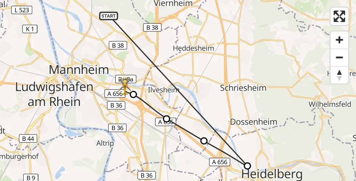 Flugroute Rettungshubschrauber Mannheim - Mannheim-City Flughafen, 27 März 2026, 13:29