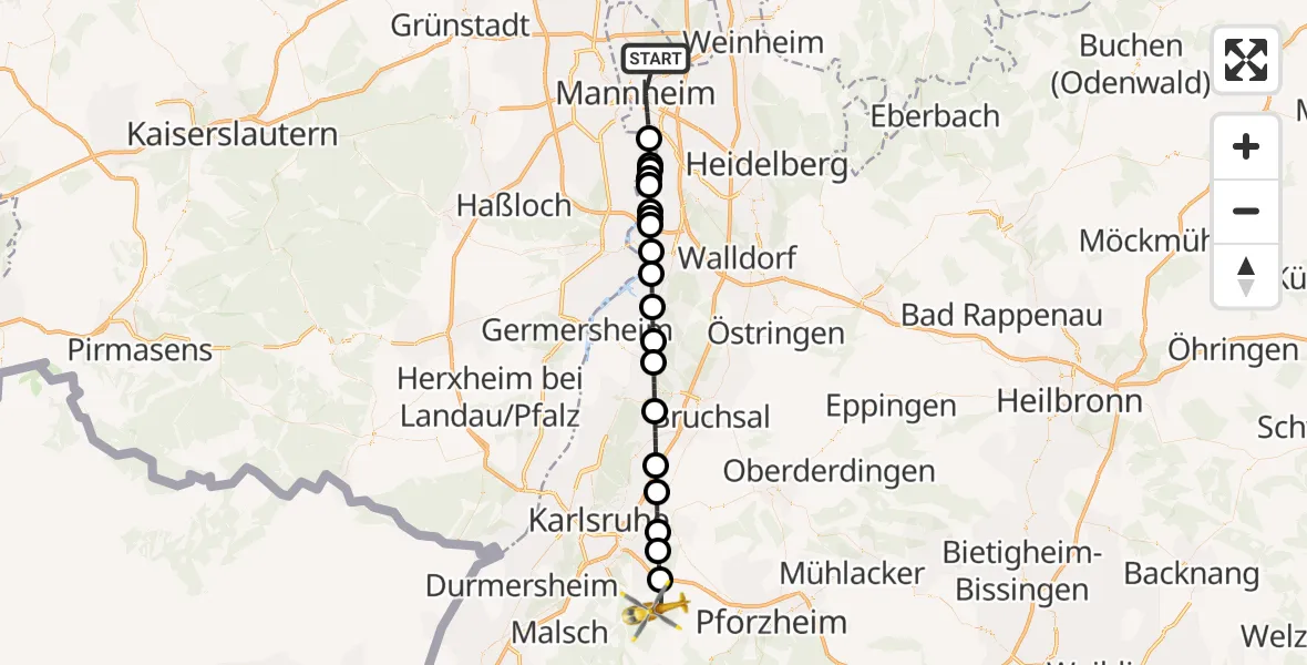 Flugroute Rettungshubschrauber Mannheim - Karlsbad, 27 März 2026, 13:29