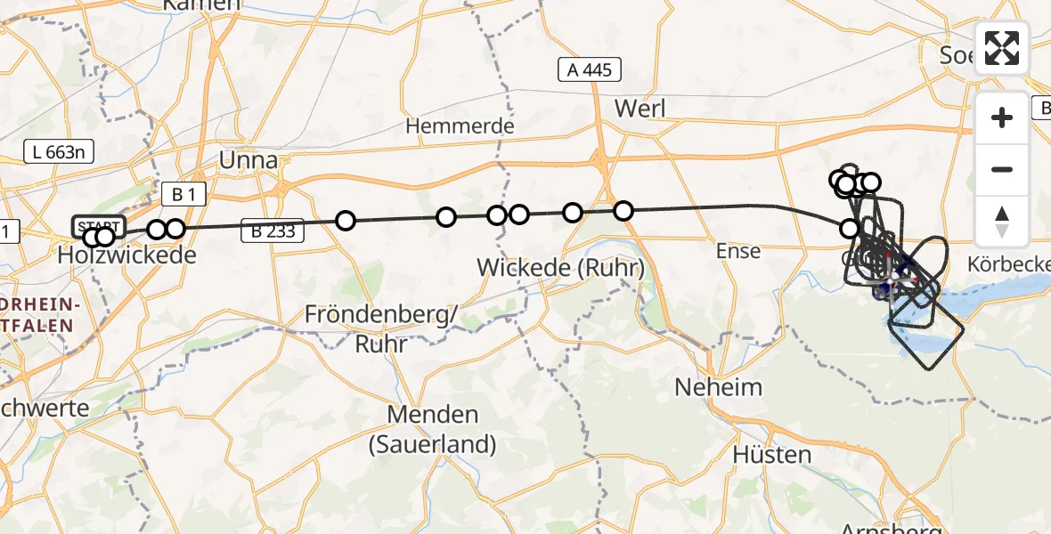Flugroute Polizeihubschrauber Dortmund Flughafen - Möhnesee, 28 März 2026, 00:28